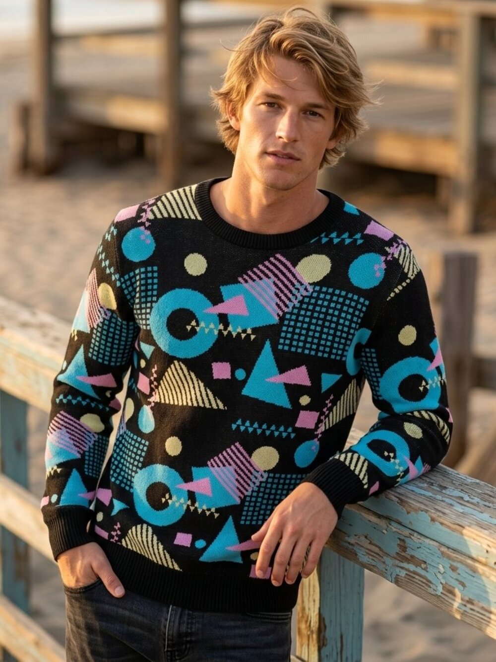 Super Massive Men L Geometric Sweater Black Neon Knit NWT Iconic Retro Statement